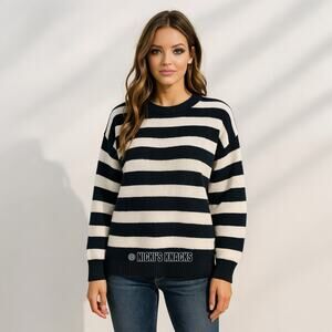Navy White Striped Knit Pullover Sweater Drop Shoulder Coastal Style Size M